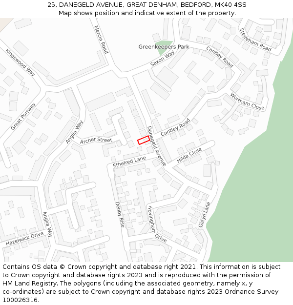 25, DANEGELD AVENUE, GREAT DENHAM, BEDFORD, MK40 4SS: Location map and indicative extent of plot