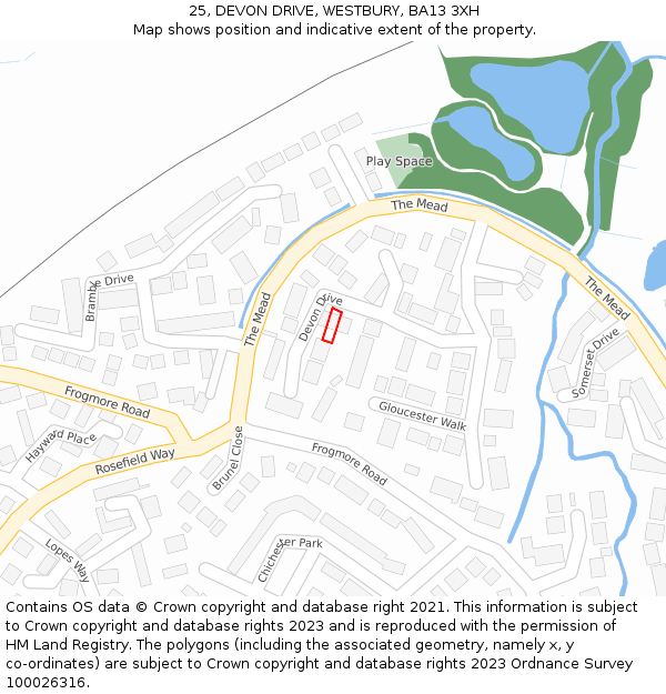 25, DEVON DRIVE, WESTBURY, BA13 3XH: Location map and indicative extent of plot