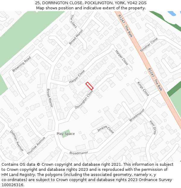 25, DORRINGTON CLOSE, POCKLINGTON, YORK, YO42 2GS: Location map and indicative extent of plot