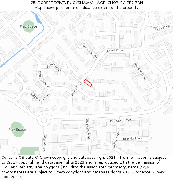 25, DORSET DRIVE, BUCKSHAW VILLAGE, CHORLEY, PR7 7DN: Location map and indicative extent of plot