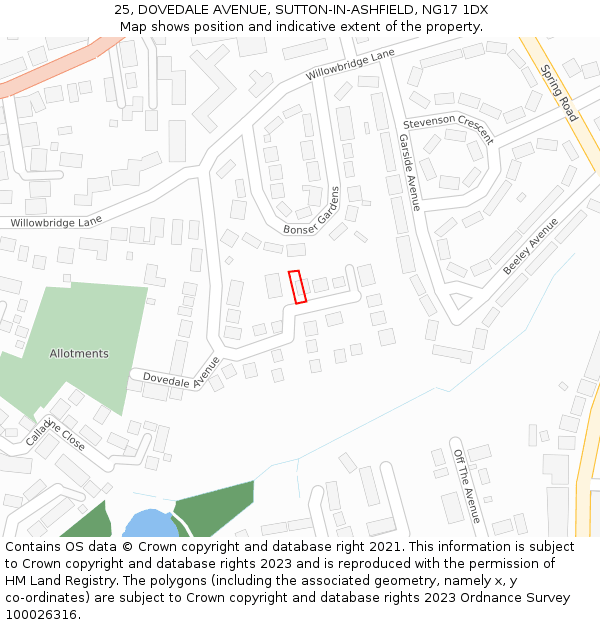 25, DOVEDALE AVENUE, SUTTON-IN-ASHFIELD, NG17 1DX: Location map and indicative extent of plot