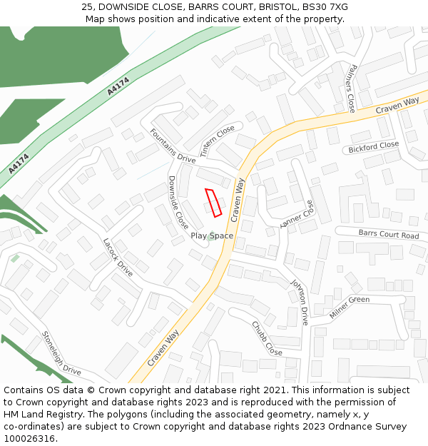 25, DOWNSIDE CLOSE, BARRS COURT, BRISTOL, BS30 7XG: Location map and indicative extent of plot