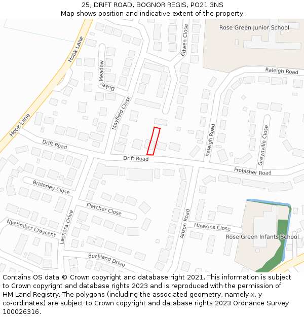 25, DRIFT ROAD, BOGNOR REGIS, PO21 3NS: Location map and indicative extent of plot