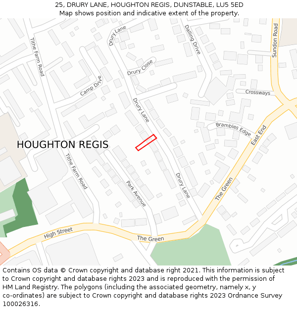 25, DRURY LANE, HOUGHTON REGIS, DUNSTABLE, LU5 5ED: Location map and indicative extent of plot