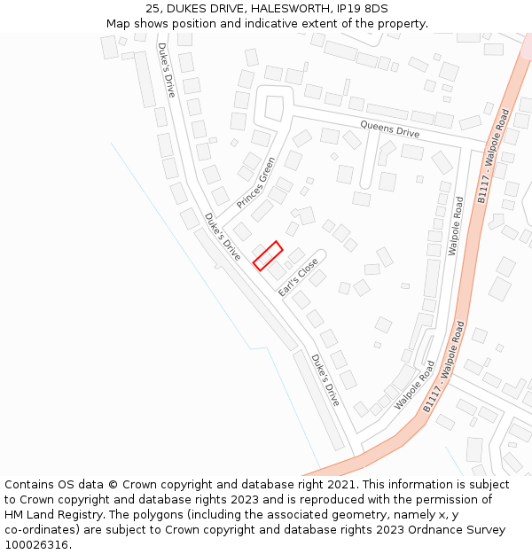 25, DUKES DRIVE, HALESWORTH, IP19 8DS: Location map and indicative extent of plot