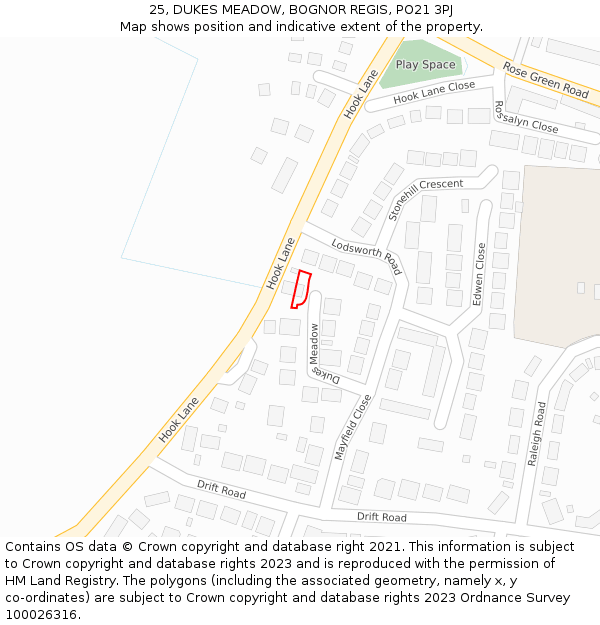 25, DUKES MEADOW, BOGNOR REGIS, PO21 3PJ: Location map and indicative extent of plot