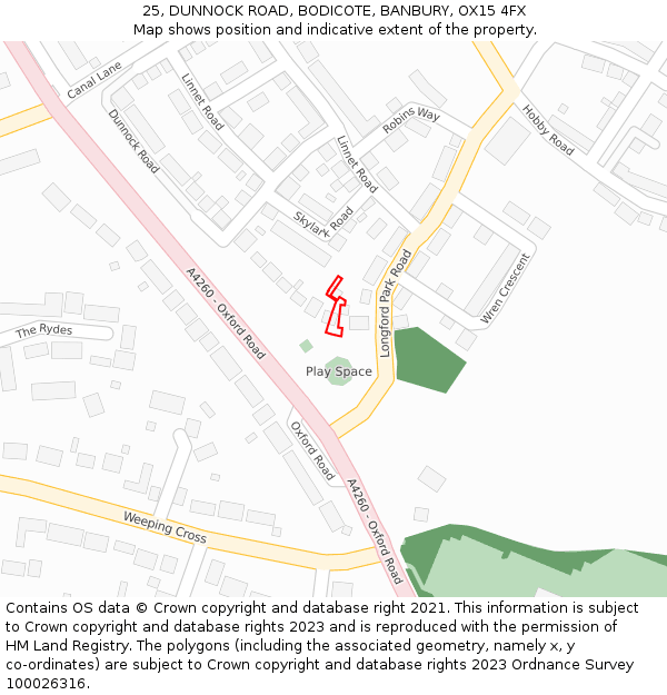 25, DUNNOCK ROAD, BODICOTE, BANBURY, OX15 4FX: Location map and indicative extent of plot