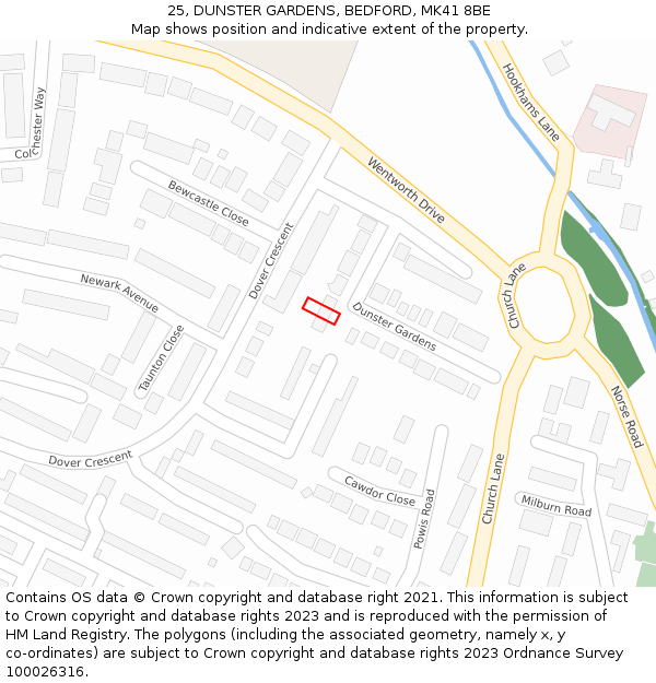 25, DUNSTER GARDENS, BEDFORD, MK41 8BE: Location map and indicative extent of plot