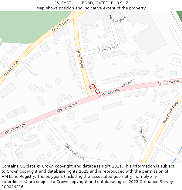 25, EAST HILL ROAD, OXTED, RH8 9HZ: Location map and indicative extent of plot