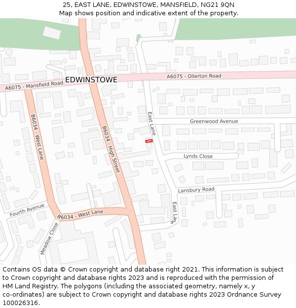 25, EAST LANE, EDWINSTOWE, MANSFIELD, NG21 9QN: Location map and indicative extent of plot