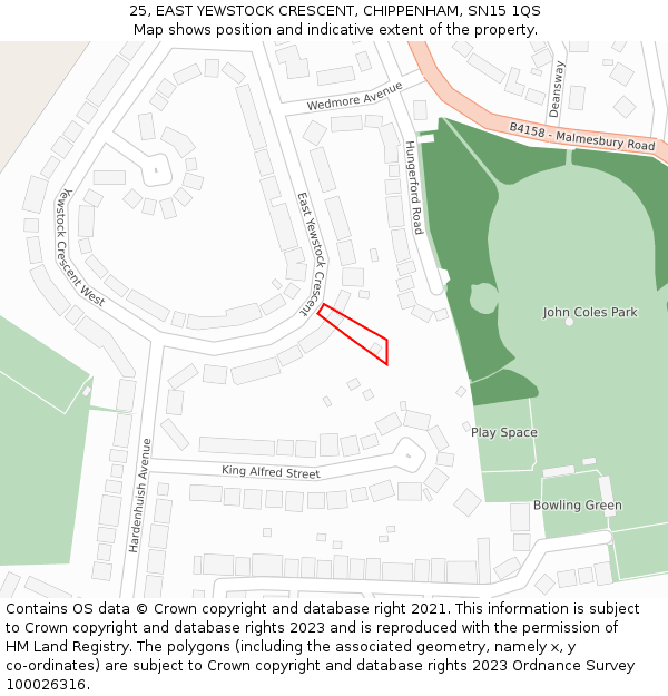 25, EAST YEWSTOCK CRESCENT, CHIPPENHAM, SN15 1QS: Location map and indicative extent of plot