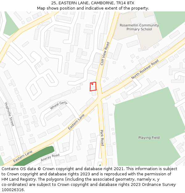 25, EASTERN LANE, CAMBORNE, TR14 8TX: Location map and indicative extent of plot