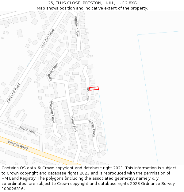 25, ELLIS CLOSE, PRESTON, HULL, HU12 8XG: Location map and indicative extent of plot