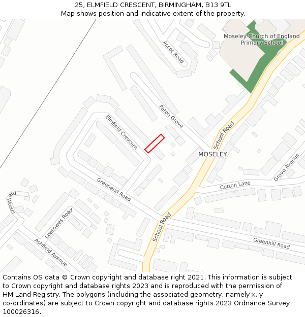 25, ELMFIELD CRESCENT, BIRMINGHAM, B13 9TL: Location map and indicative extent of plot