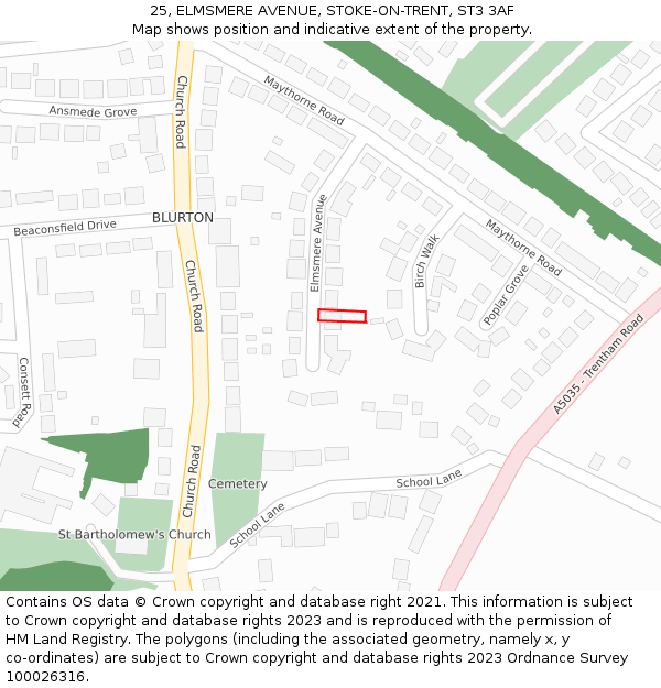 25, ELMSMERE AVENUE, STOKE-ON-TRENT, ST3 3AF: Location map and indicative extent of plot