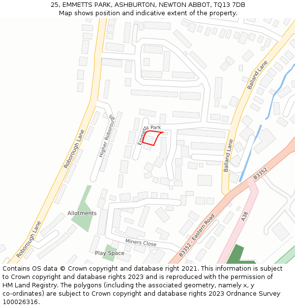 25, EMMETTS PARK, ASHBURTON, NEWTON ABBOT, TQ13 7DB: Location map and indicative extent of plot