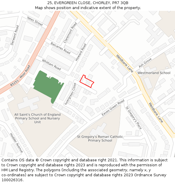 25, EVERGREEN CLOSE, CHORLEY, PR7 3QB: Location map and indicative extent of plot