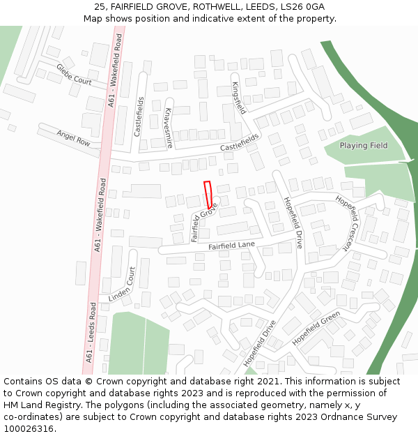 25, FAIRFIELD GROVE, ROTHWELL, LEEDS, LS26 0GA: Location map and indicative extent of plot