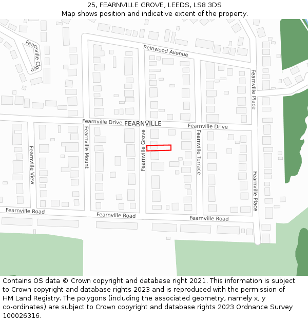 25, FEARNVILLE GROVE, LEEDS, LS8 3DS: Location map and indicative extent of plot