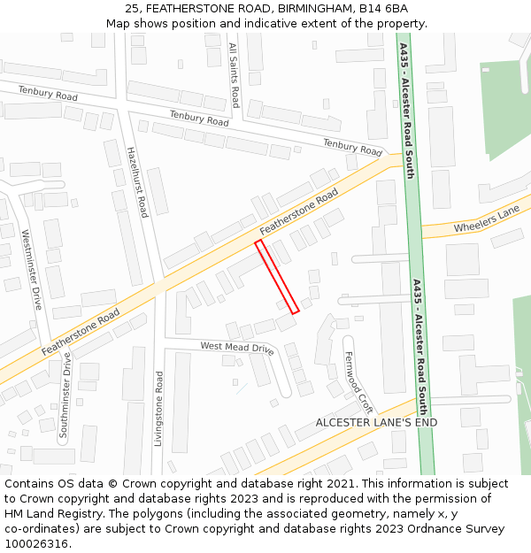 25, FEATHERSTONE ROAD, BIRMINGHAM, B14 6BA: Location map and indicative extent of plot