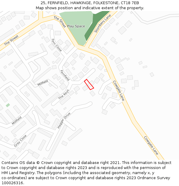 25, FERNFIELD, HAWKINGE, FOLKESTONE, CT18 7EB: Location map and indicative extent of plot