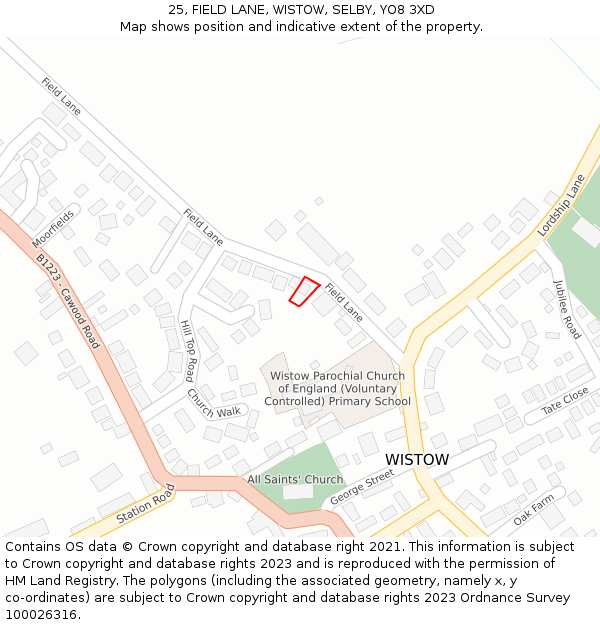 25, FIELD LANE, WISTOW, SELBY, YO8 3XD: Location map and indicative extent of plot