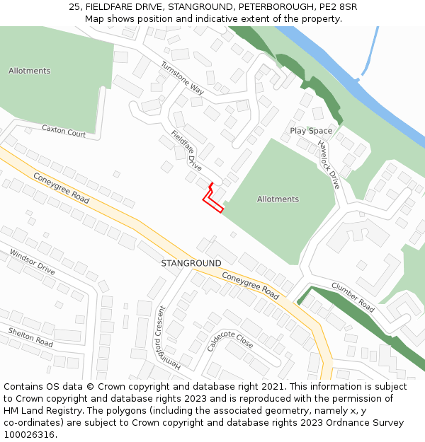 25, FIELDFARE DRIVE, STANGROUND, PETERBOROUGH, PE2 8SR: Location map and indicative extent of plot