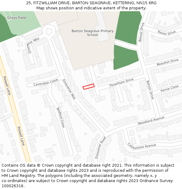 25, FITZWILLIAM DRIVE, BARTON SEAGRAVE, KETTERING, NN15 6RG: Location map and indicative extent of plot