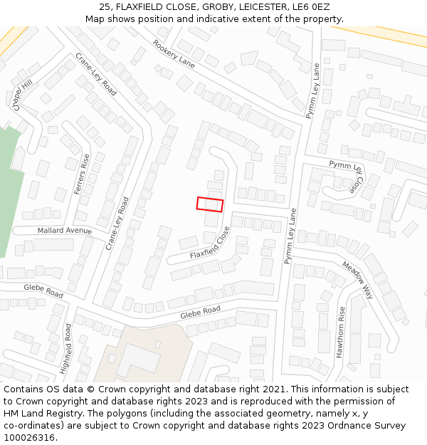 25, FLAXFIELD CLOSE, GROBY, LEICESTER, LE6 0EZ: Location map and indicative extent of plot