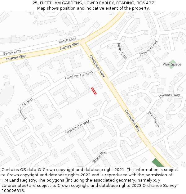 25, FLEETHAM GARDENS, LOWER EARLEY, READING, RG6 4BZ: Location map and indicative extent of plot