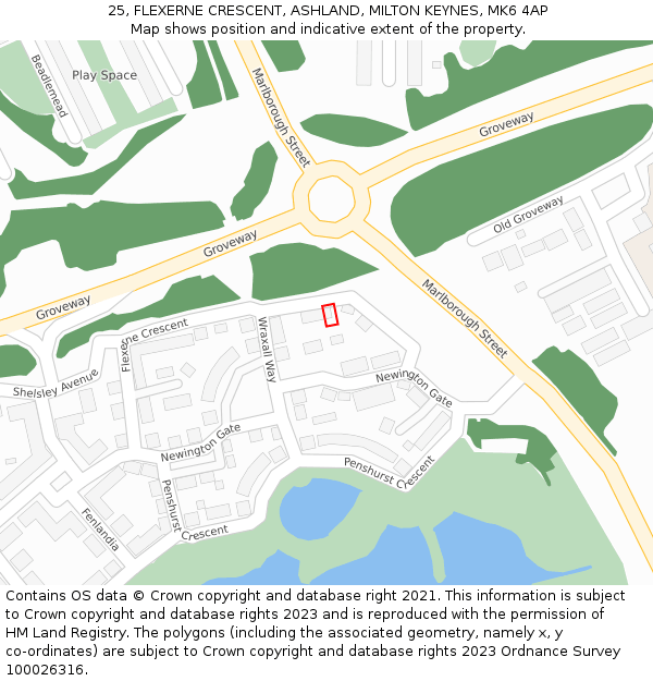 25, FLEXERNE CRESCENT, ASHLAND, MILTON KEYNES, MK6 4AP: Location map and indicative extent of plot