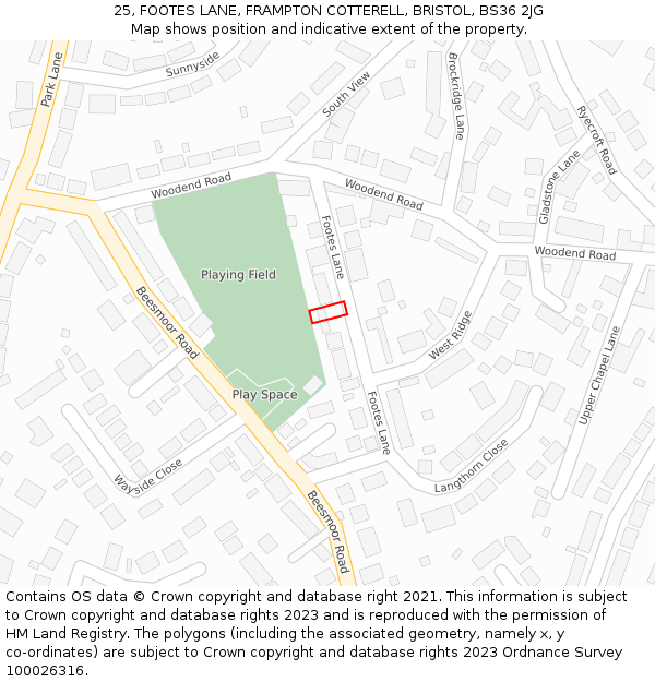 25, FOOTES LANE, FRAMPTON COTTERELL, BRISTOL, BS36 2JG: Location map and indicative extent of plot