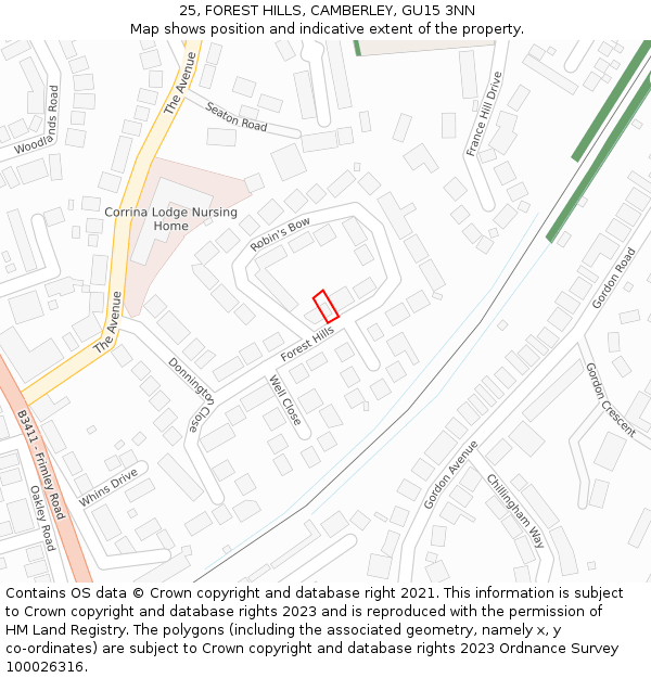 25, FOREST HILLS, CAMBERLEY, GU15 3NN: Location map and indicative extent of plot