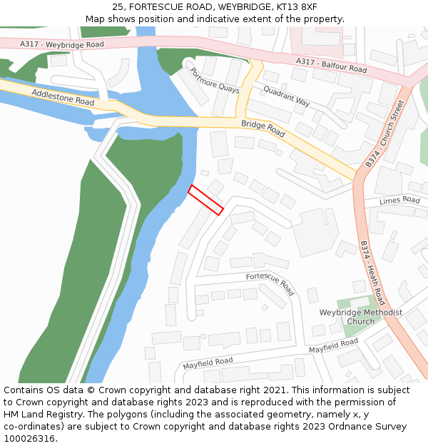 25, FORTESCUE ROAD, WEYBRIDGE, KT13 8XF: Location map and indicative extent of plot