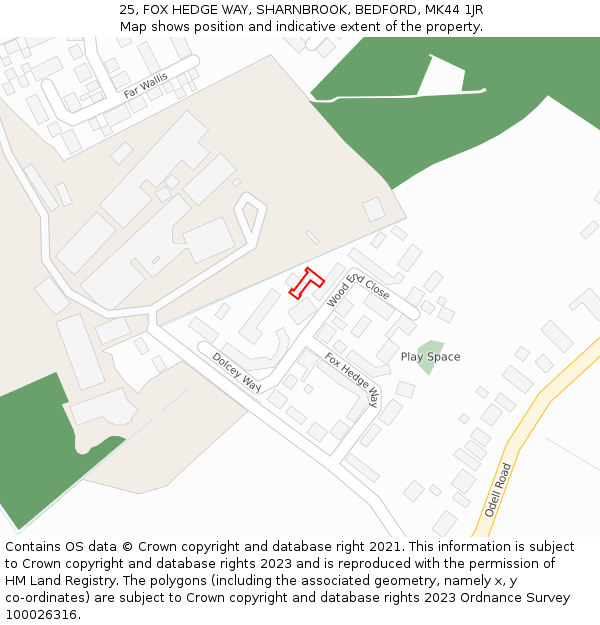 25, FOX HEDGE WAY, SHARNBROOK, BEDFORD, MK44 1JR: Location map and indicative extent of plot