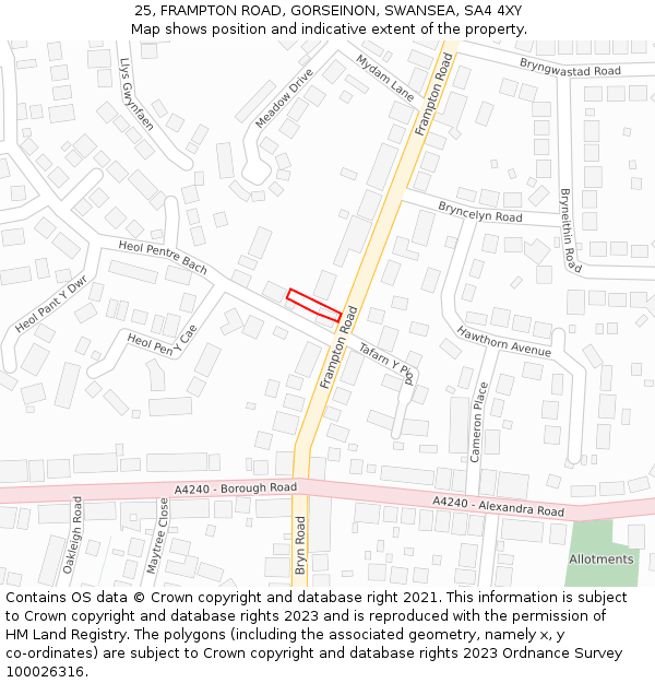 25, FRAMPTON ROAD, GORSEINON, SWANSEA, SA4 4XY: Location map and indicative extent of plot