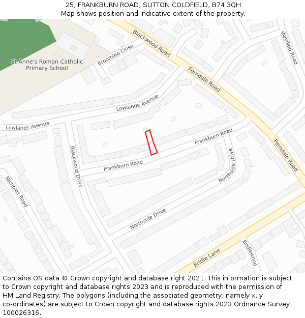 25, FRANKBURN ROAD, SUTTON COLDFIELD, B74 3QH: Location map and indicative extent of plot