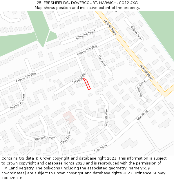 25, FRESHFIELDS, DOVERCOURT, HARWICH, CO12 4XG: Location map and indicative extent of plot