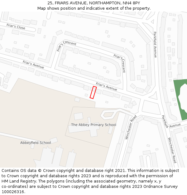25, FRIARS AVENUE, NORTHAMPTON, NN4 8PY: Location map and indicative extent of plot