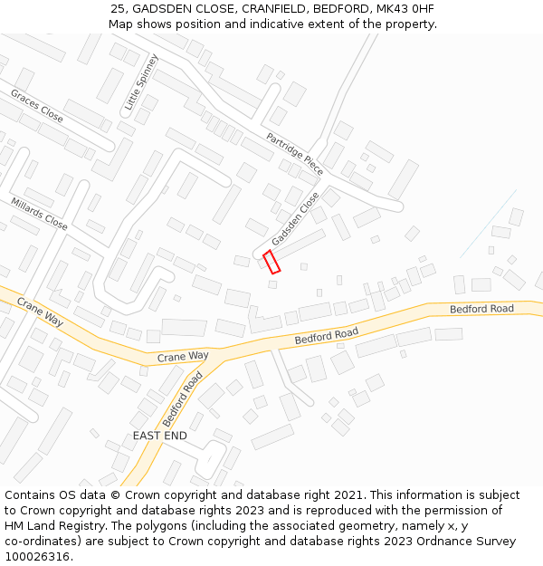 25, GADSDEN CLOSE, CRANFIELD, BEDFORD, MK43 0HF: Location map and indicative extent of plot