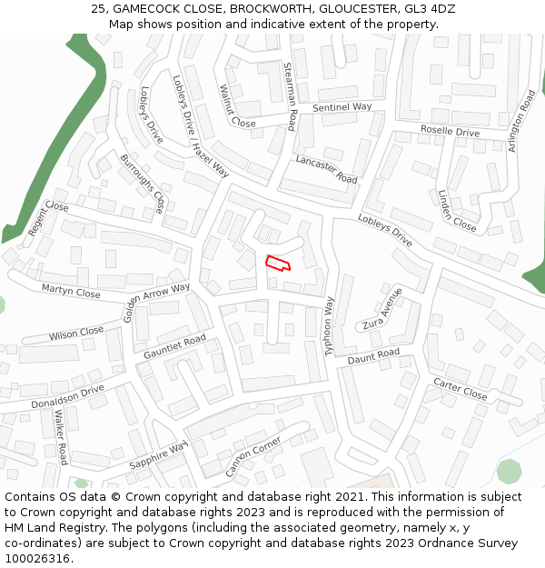 25, GAMECOCK CLOSE, BROCKWORTH, GLOUCESTER, GL3 4DZ: Location map and indicative extent of plot