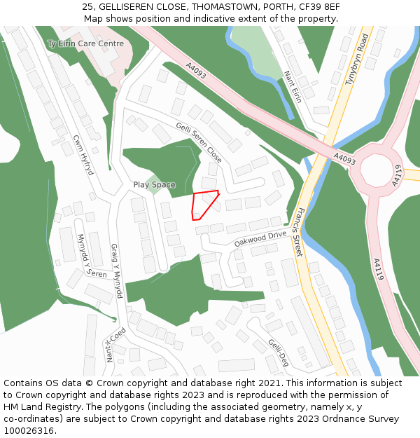 25, GELLISEREN CLOSE, THOMASTOWN, PORTH, CF39 8EF: Location map and indicative extent of plot