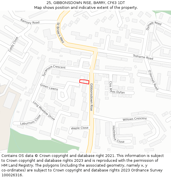 25, GIBBONSDOWN RISE, BARRY, CF63 1DT: Location map and indicative extent of plot