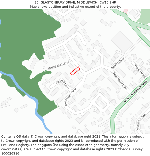 25, GLASTONBURY DRIVE, MIDDLEWICH, CW10 9HR: Location map and indicative extent of plot