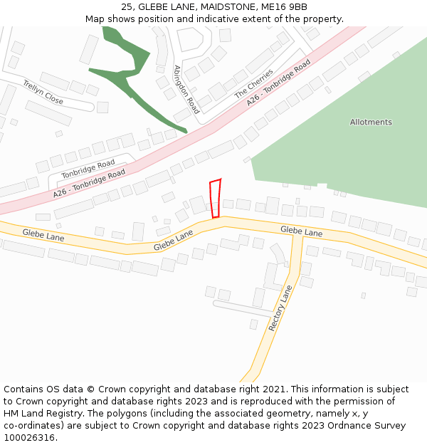 25, GLEBE LANE, MAIDSTONE, ME16 9BB: Location map and indicative extent of plot