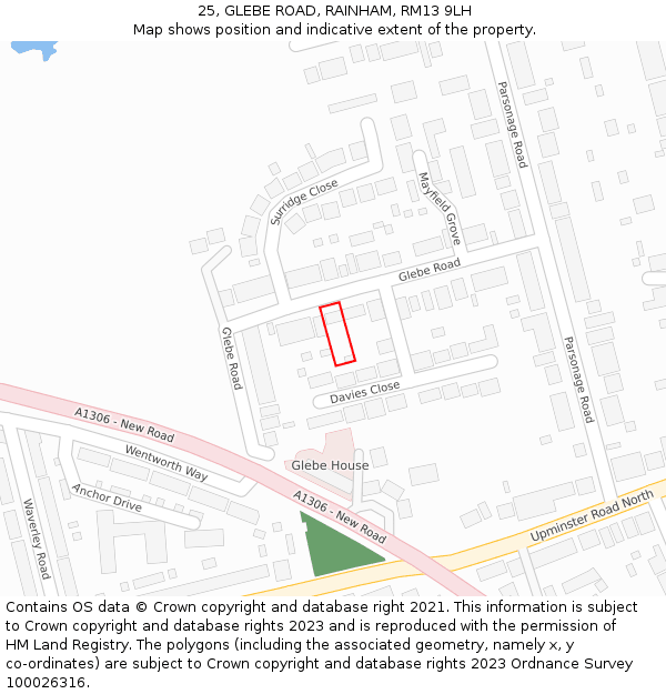 25, GLEBE ROAD, RAINHAM, RM13 9LH: Location map and indicative extent of plot