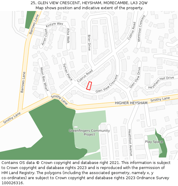 25, GLEN VIEW CRESCENT, HEYSHAM, MORECAMBE, LA3 2QW: Location map and indicative extent of plot