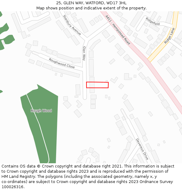 25, GLEN WAY, WATFORD, WD17 3HL: Location map and indicative extent of plot