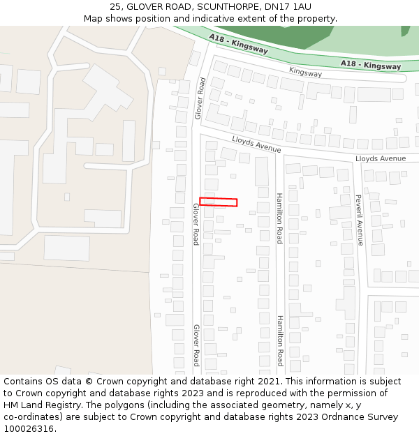 25, GLOVER ROAD, SCUNTHORPE, DN17 1AU: Location map and indicative extent of plot