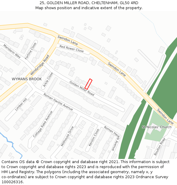 25, GOLDEN MILLER ROAD, CHELTENHAM, GL50 4RD: Location map and indicative extent of plot